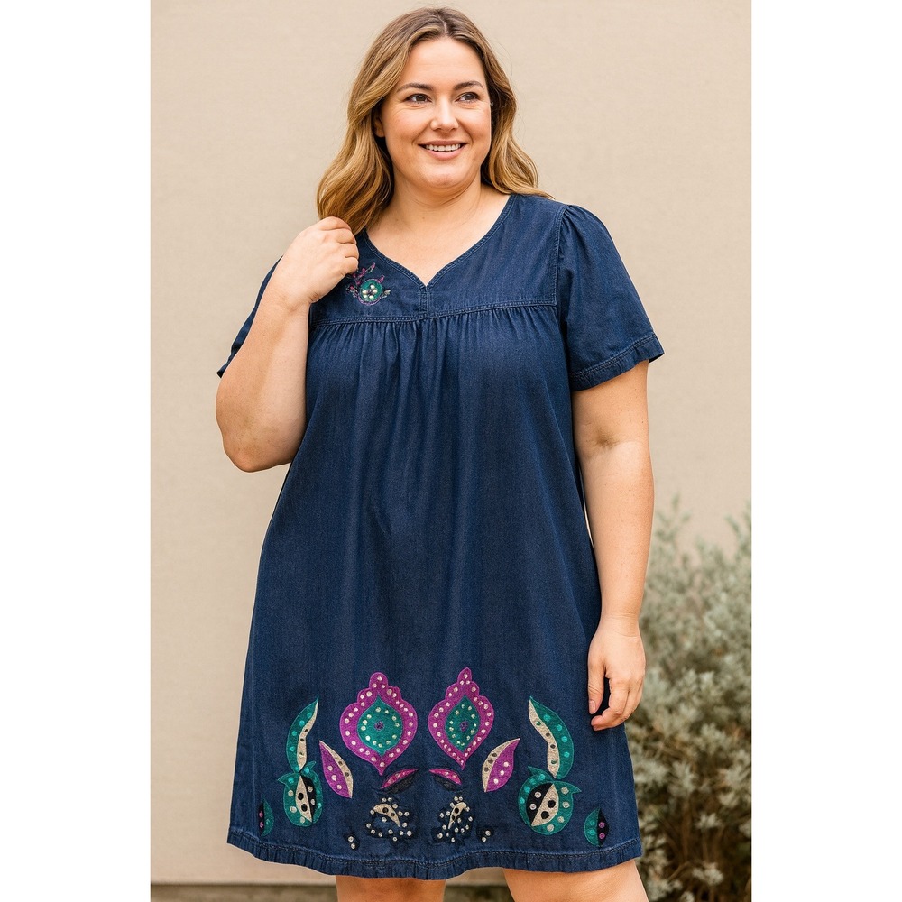 National 1X Denim Embroidered Boho Floral Dress –‎ Vintage Style Casual A-Line
